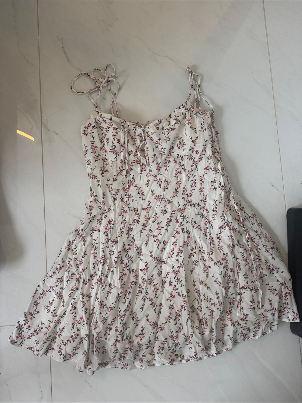 Blue Life Cream Floral Tie-Shoulder Sundress with Pink & Green Print